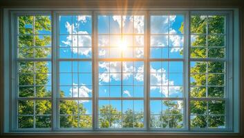 Bright sunshine through a large window. Sunlight streams through a large window, illuminating the room with vibrant colors and scenic outdoor views. photo