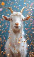 Cheerful goat in bright confetti. A cheerful goat stands proudly amidst falling confetti, creating a festive atmosphere filled with joy and celebration. photo