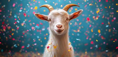 Goat enjoys a confetti shower. A goat stands joyfully amid a vibrant shower of confetti, creating a festive atmosphere during a celebration. photo