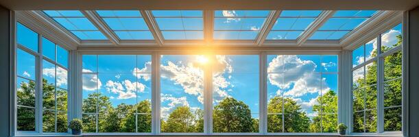 Sunlight streaming through large windows. Bright sunlight fills a spacious room through large windows, showcasing vibrant green trees and a clear blue sky. photo