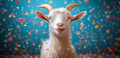 Goat celebrates with colorful confetti. A cheerful goat stands against a bright background, surrounded by falling confetti, creating a festive atmosphere. photo