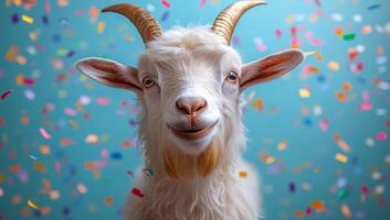 Goat rejoices with confetti. A cheerful goat stands against a blue background, surrounded by vibrant confetti falling all around. photo