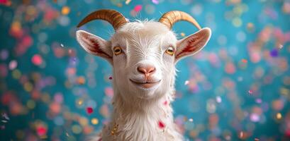 Joyful goat with bright confetti. A goat with fluffy white fur and curved horns enjoys a festive atmosphere filled with colorful confetti falling around. photo