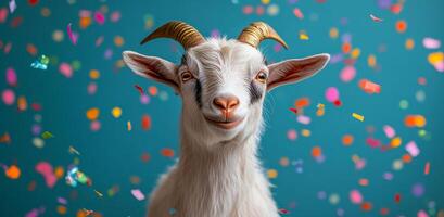 Goat celebrating with colorful confetti. A joyful goat with horns is surrounded by colorful confetti on a blue background at a festive celebration. photo