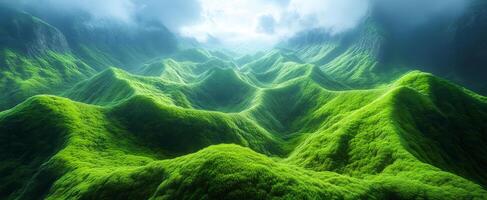 Lush green hills under a dramatic sky. Rolling green hills create a serene landscape, illuminated by soft light and surrounded by misty mountains. photo
