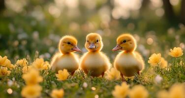 Three ducklings exploring a flower field. Three fluffy yellow ducklings wander through a colorful field of blooming flowers during a sunny afternoon. photo