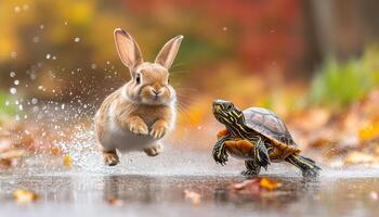 Rabbit and turtle splash leaves. A rabbit jumps over puddles while a turtle walks nearby in a vibrant autumn scene with colorful leaves. photo