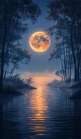 Moonlit river at night. A bright full moon illuminates a serene river, surrounded by trees, creating a magical nighttime atmosphere. photo