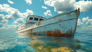 Abandoned fishing boat in calm waters. A rusted fishing boat floats in clear water under a sky filled with fluffy clouds on a sunny day. photo