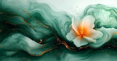 Colorful floral design with gold. Flowing green and white swirls blend with a striking orange flower, creating a harmonious and vibrant composition. photo