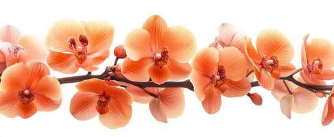 Lovely orange orchids bloom. Delicate orange orchids with vibrant patterns are blooming gracefully on a single branch against a white background. photo