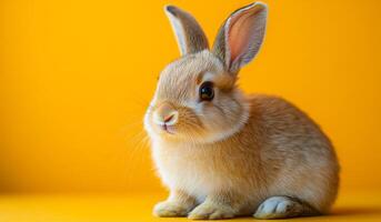 Rabbit on yellow backdrop. A fluffy rabbit with big ears sits against a bright yellow backdrop, highlighting its soft fur and curious look. photo