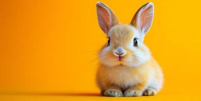 Rabbit on bright yellow bg. A fluffy rabbit sits quietly against a bright yellow background, showcasing its soft fur and curious expression. photo