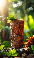 Tiki cocktail served outside. A refreshing cocktail in a Tiki glass filled with ice and garnished with mint and citrus. photo