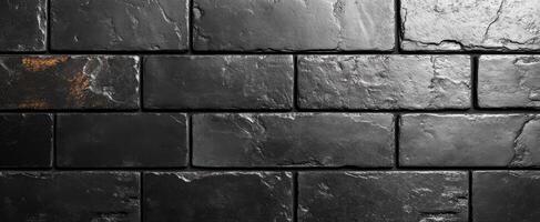 Textured black stone wall surface design. Detailed view of a textured black stone wall with various shades and patterns showcasing unique stone features. photo