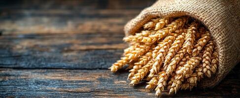 Wheat stalks spilling from a burlap bag. Dried wheat stalks cascade from a burlap sack, resting on a rustic wooden surface, showcasing a harvest theme. photo