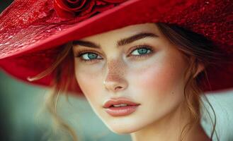 Woman with striking eyes in a red hat. A woman poses confidently, showcasing her captivating blue eyes and vibrant red hat adorned with a rose. photo