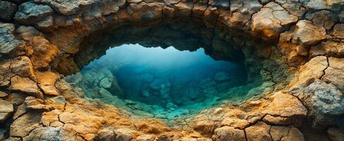 Rock formation shows underwater. A circular rock formation exposes a stunning underwater scene filled with clear blue water and rocky textures. photo