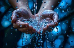 Capturing water droplets in human hands. Hands catch glistening water droplets falling from above, creating a tranquil moment in nature during a sunny day. photo
