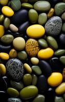 Unique stone arrangement. Brightly colored stones with smooth surfaces create an eye-catching mix displayed on a dark backdrop. photo