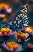 Colorful butterfly resting on flowers. A vibrant butterfly with intricate patterns sits on blooming flowers, showcasing nature's beauty in a garden setting. photo