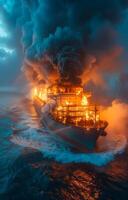 Ship on fire in turbulent waters at dusk. A massive vessel is engulfed in flames, billowing dark smoke while navigating rough seas during sunset. photo