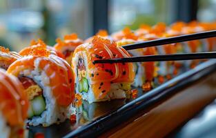Fresh sushi rolls served with chopsticks. Colorful sushi rolls are beautifully arranged on a plate, highlighted by toppings and chopsticks ready to pick them up. photo