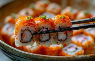 Tasty sushi rolls with chopsticks. Colorful sushi rolls topped with bright orange roe are held with chopsticks, showcasing an appetizing display of food. photo