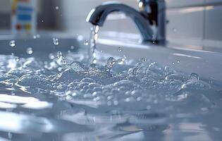 Sink water bubbling. A close-up view of water bubbling in a sink as the faucet flows, creating a peaceful atmosphere in a kitchen. photo