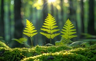 Bright ferns in a sunlit forest setting. Ferns stand tall on moss in a tranquil forest, illuminated by soft sunlight filtering through the trees. photo