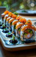 Tasty sushi rolls with toppings. Colorful sushi rolls arranged on a plate showcase fresh ingredients and artistic presentation, ready to be enjoyed. photo