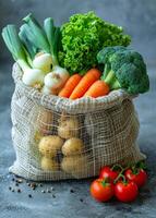 Fresh vegetables in a burlap bag. A burlap sack filled with a variety of fresh vegetables including carrots, broccoli, and greens, ready for cooking. photo