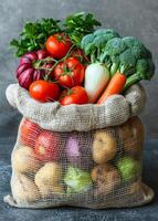 Veggies in burlap sack display. A burlap sack holds fresh vegetables like tomatoes, broccoli, and carrots against a textured backdrop. photo
