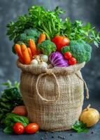 Fresh vegetables in a burlap sack. A burlap sack brimming with colorful veggies like carrots, tomatoes, and broccoli from a farmers market. photo