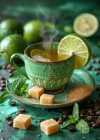 Warm citrus drink with mint and sugar. A steaming cup of citrus drink sits on a green surface, accompanied by mint, sugar cubes, and fresh limes. photo