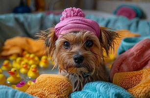 Dog loves fun bath with ducks. A small dog with wet fur wears a pink towel on its head surrounded by colorful towels and rubber ducks during bath time. photo