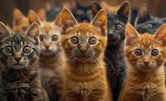 Group of curious cats gather together. A lively gathering of cats with various fur patterns and colors, all displaying their inquisitive expressions. photo