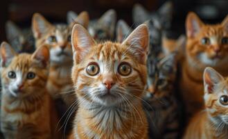Curious orange cats gather for attention. A group of curious orange cats looks directly at the viewer with wide eyes. photo