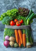 Veggies in a net bag, ready. A net bag filled with fresh vegetables such as lettuce, tomatoes, broccoli, and carrots rests on a textured surface. photo