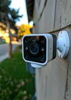 Outdoor wall security camera. A security camera is mounted on a wall, observing the yard and street during late afternoon with soft sunlight. photo