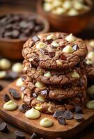 Chocolate stacked cookies. Large cookies are stacked with chocolate chunks and white chocolate chips, creating an appetizing dessert display. photo