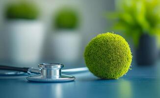 Nature and health unite creatively. A stethoscope rests next to a green moss ball on a wooden table, symbolizing the connection between health and nature. photo