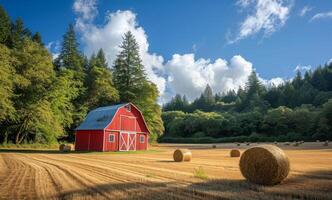Red barn in golden field. A red barn stands in a golden field, surrounded by rolled hay bales and towering green trees under a clear blue sky. photo