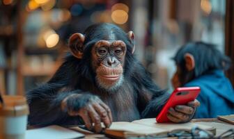 Chimpanzee explores smartphone in cafe. A chimpanzee sits at a cafe table, examining a smartphone while another chimp looks on nearby. photo