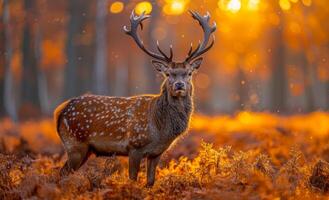 Stag in autumn forest light. A regal stag with antlers stands amidst a golden autumn forest, illuminated by warm sunlight filtering through trees. photo