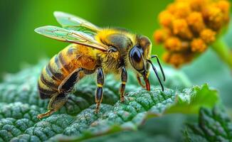 Bee on a bright flower. Close-up of a bee gathering nectar from a flower under natural sunlight in a lush garden setting. photo