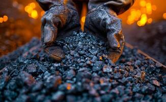 Hands holding coal in a dark workshop. Workers manipulate crushed coal in a dark workshop illuminated by fiery orange light during a production process. photo