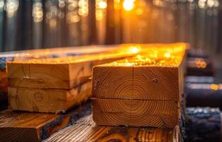Sunlight on forest planks. Wooden planks are illuminated by warm sunlight filtering through trees in a tranquil forest atmosphere during sunset. photo