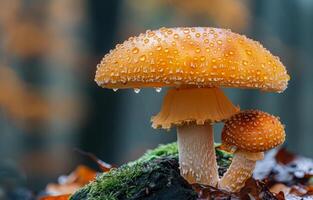 Mushrooms with raindrops in woods. A pair of bright orange mushrooms stand on a log in a forest, covered in droplets of water after rainfall. photo