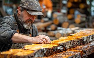 Craftsman shaping wood in a workshop. A skilled worker meticulously carves a piece of wood, showcasing craftsmanship in a workshop during daylight hours. photo